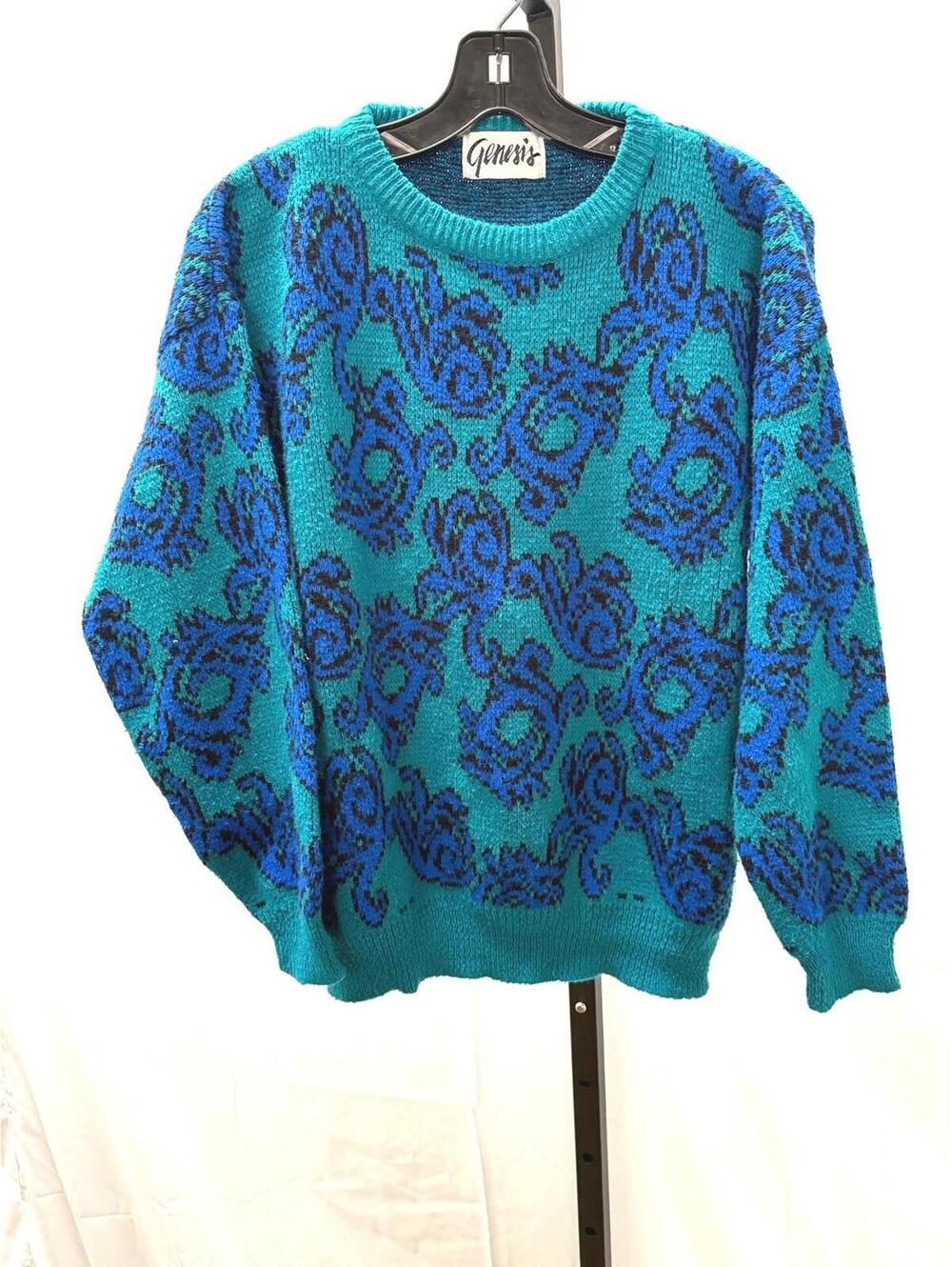 80s Medium Crew Neck Sweater Blue and Teal Patterned Knit